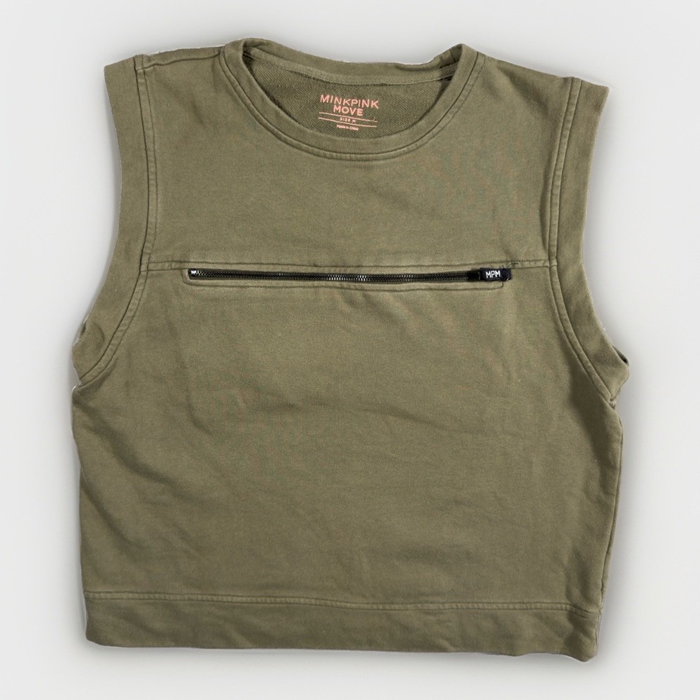 MINKPINK Move Cargo Sleeveless Sweatshirt M Olive Green Zip Pocket Athleisure